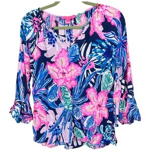 Lilly Pulitzer Waverly Ruffle Top Size Small Multi Garden Get Away Navy‎ Pink